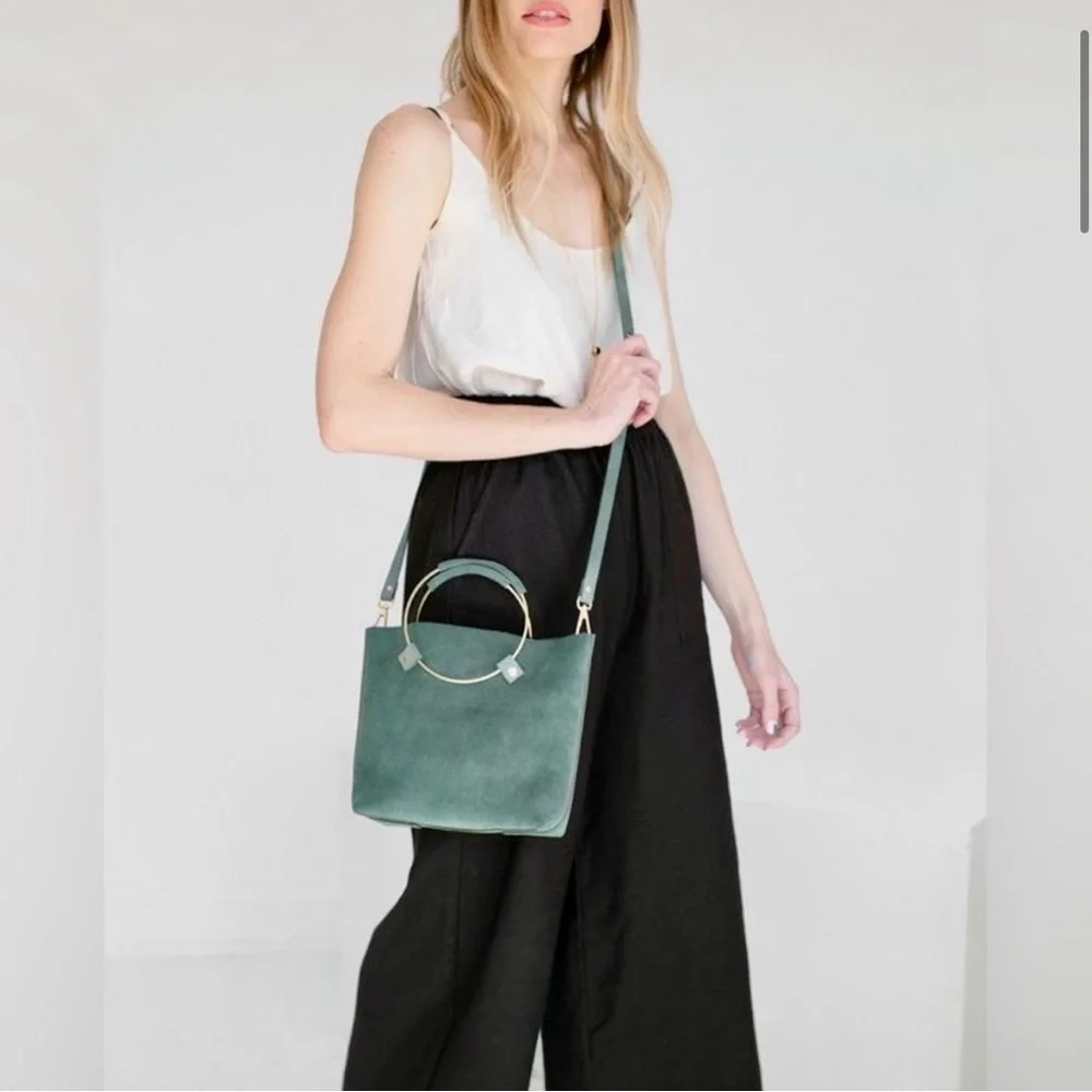 Tribe Alive Suede Olive Green Crossbody Bag with Gold Handles - Picture 2 of 8